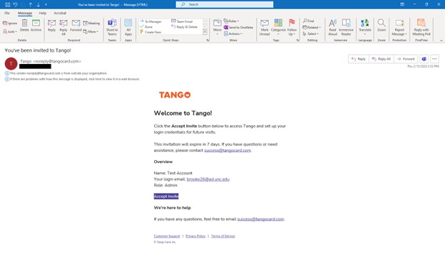 Tango Card email invitation
